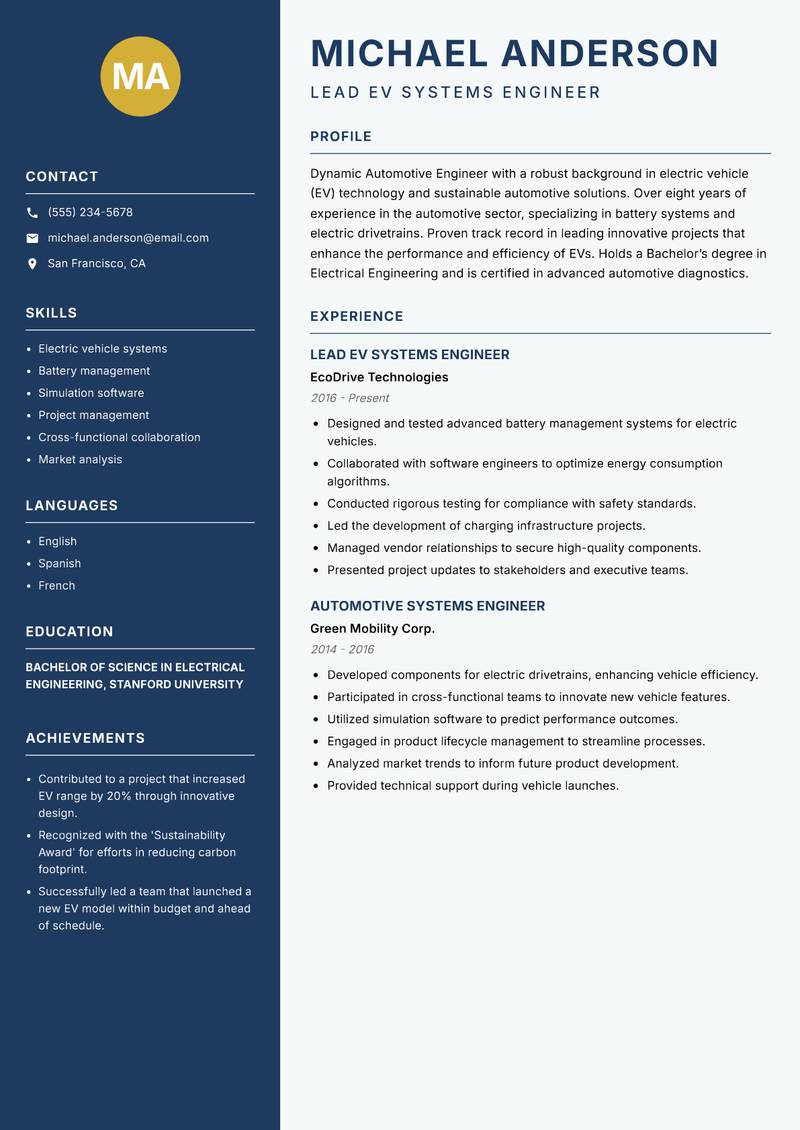 Automotive Engineer resume sample — Lead EV Systems Engineer focus