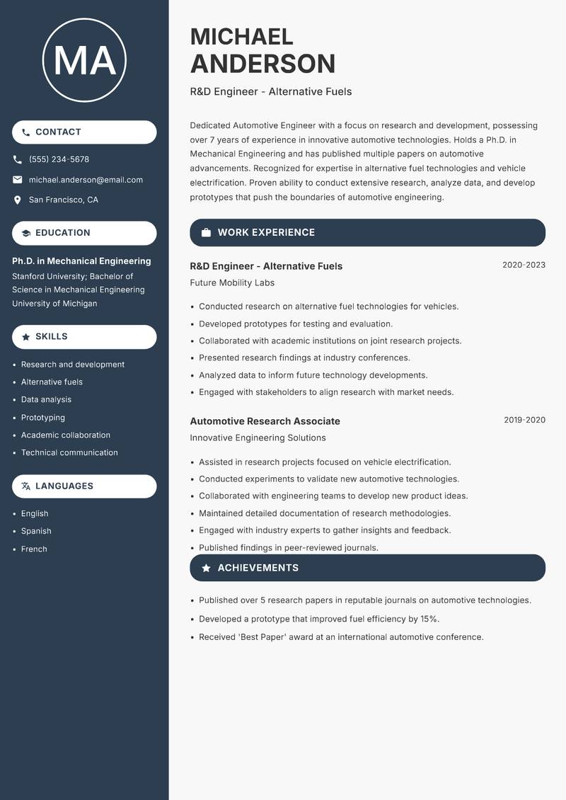 Automotive Engineer resume sample — R&D Engineer - Alternative Fuels focus