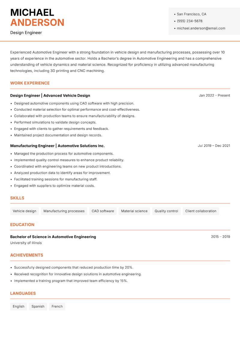Automotive Engineer resume sample — Design Engineer focus