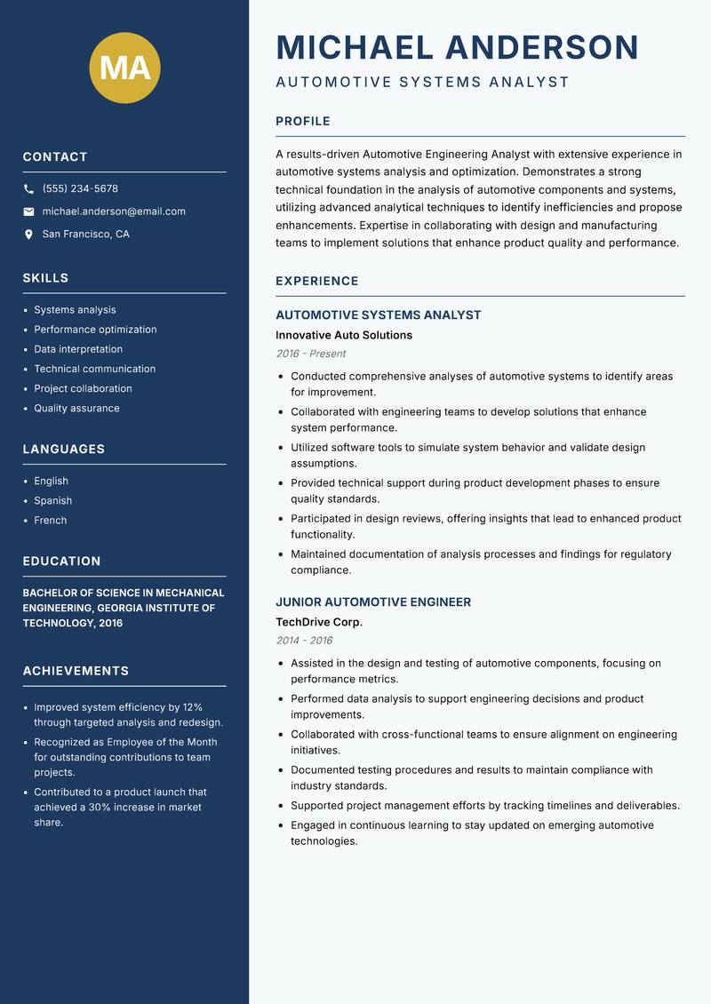Automotive Engineering Analyst resume sample — Automotive Systems Analyst focus