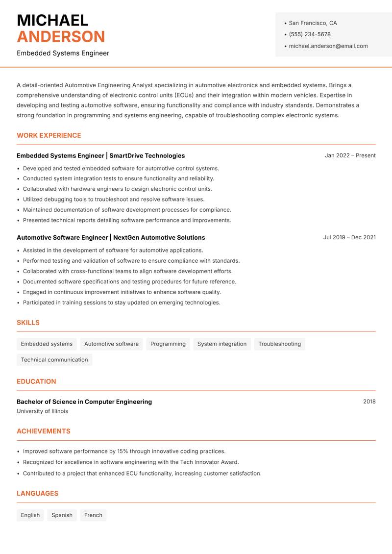 Automotive Engineering Analyst resume sample — Embedded Systems Engineer focus
