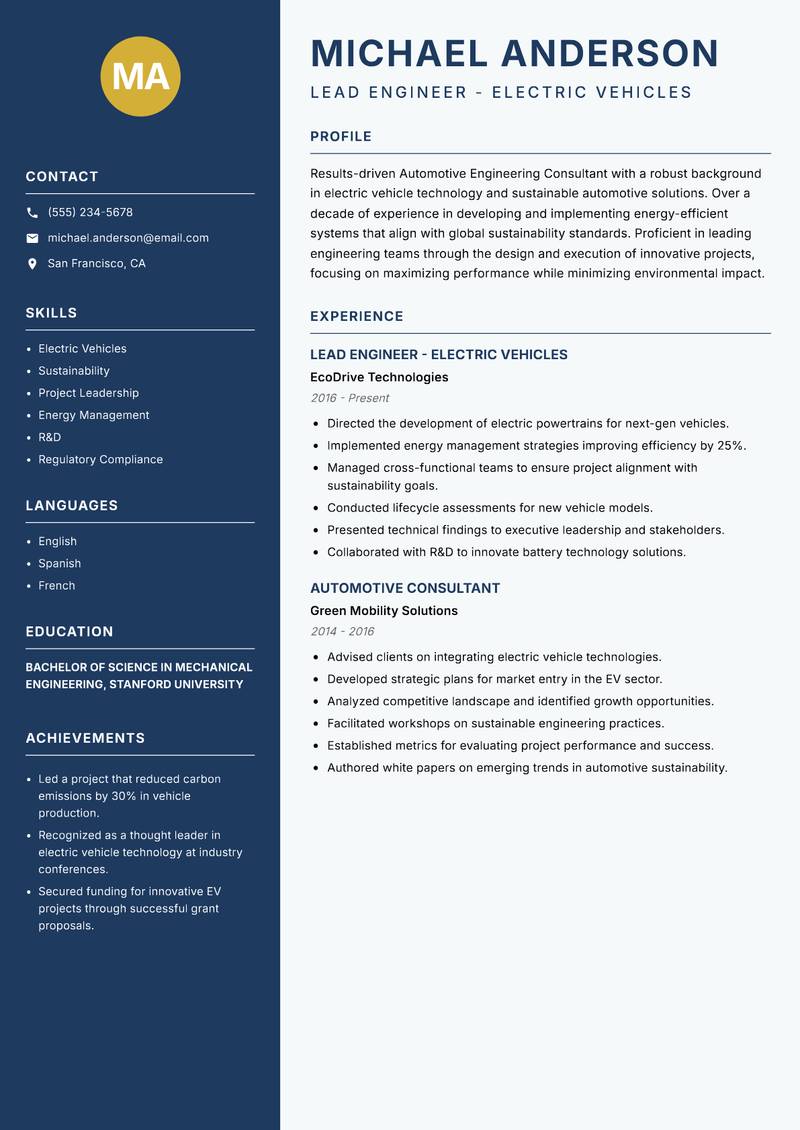 Automotive Engineering Consultant resume sample — Lead Engineer - Electric Vehicles focus