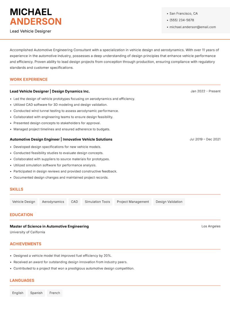 Automotive Engineering Consultant resume sample — Lead Vehicle Designer focus