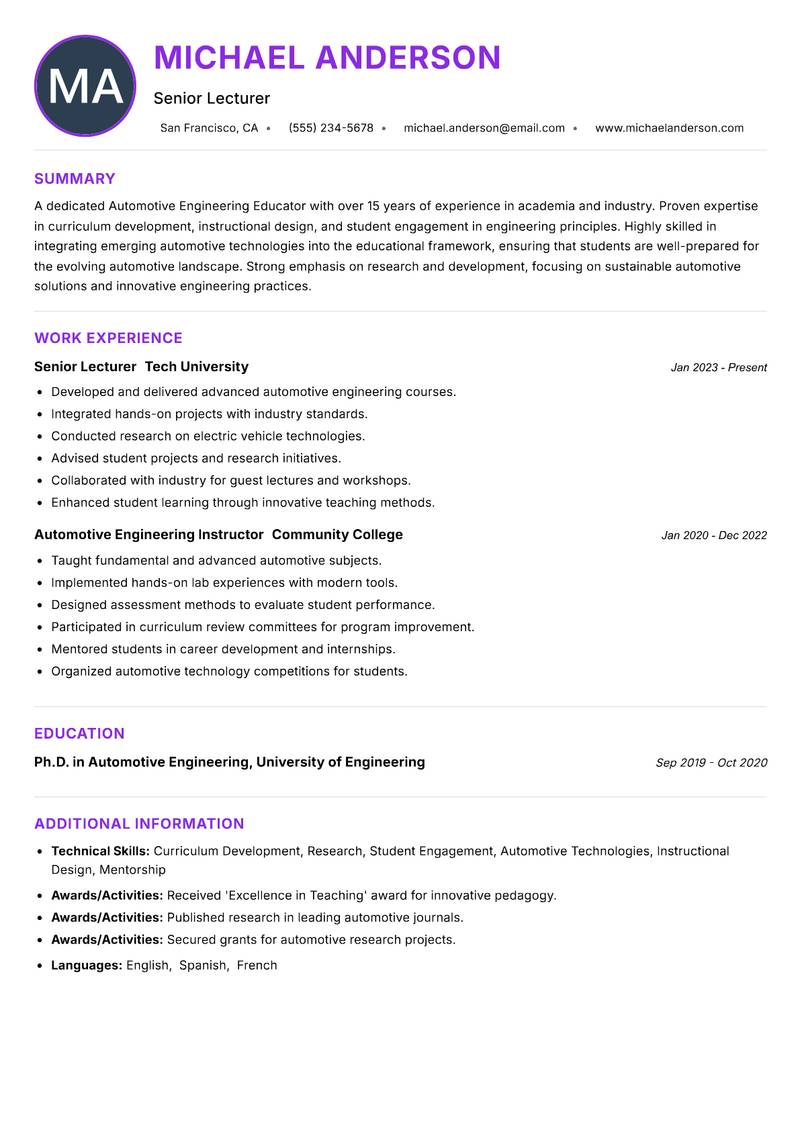 Automotive Engineering Educator resume example