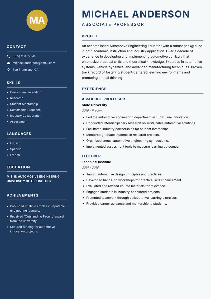 Automotive Engineering Educator resume sample — Associate Professor focus