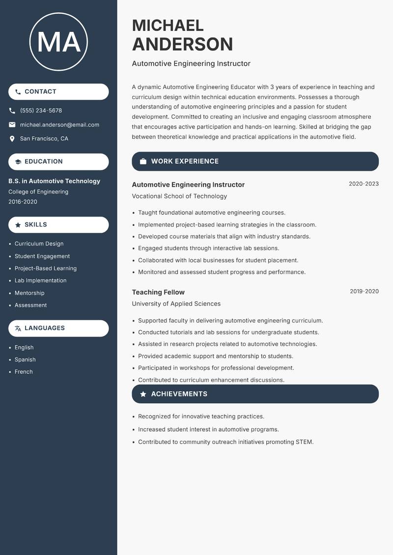 Automotive Engineering Educator resume sample — Automotive Engineering Instructor focus