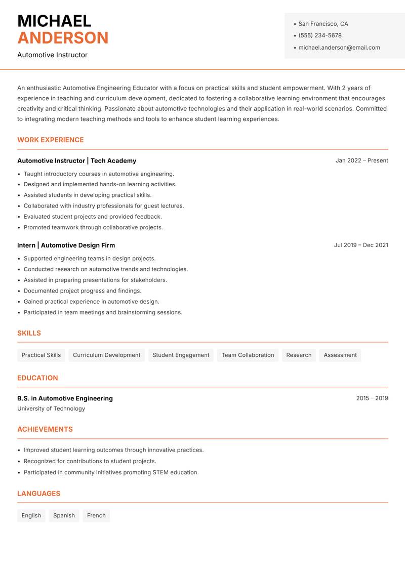 Automotive Engineering Educator resume sample — Automotive Instructor focus