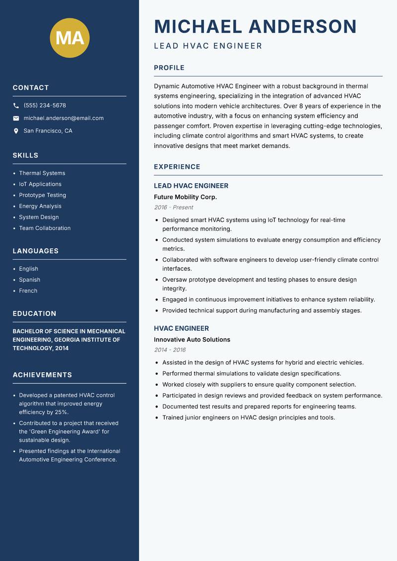 Automotive HVAC Engineer resume sample — Lead HVAC Engineer focus