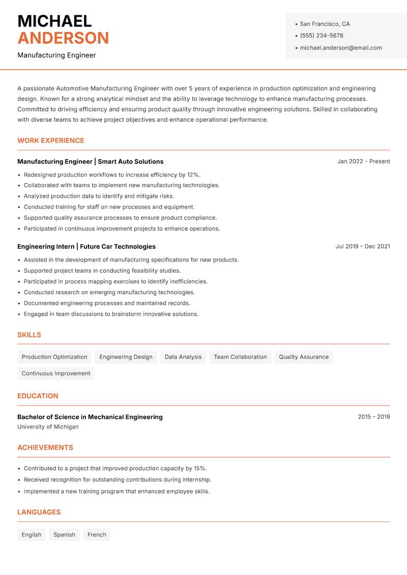 Automotive Manufacturing Engineer resume sample — Manufacturing Engineer focus
