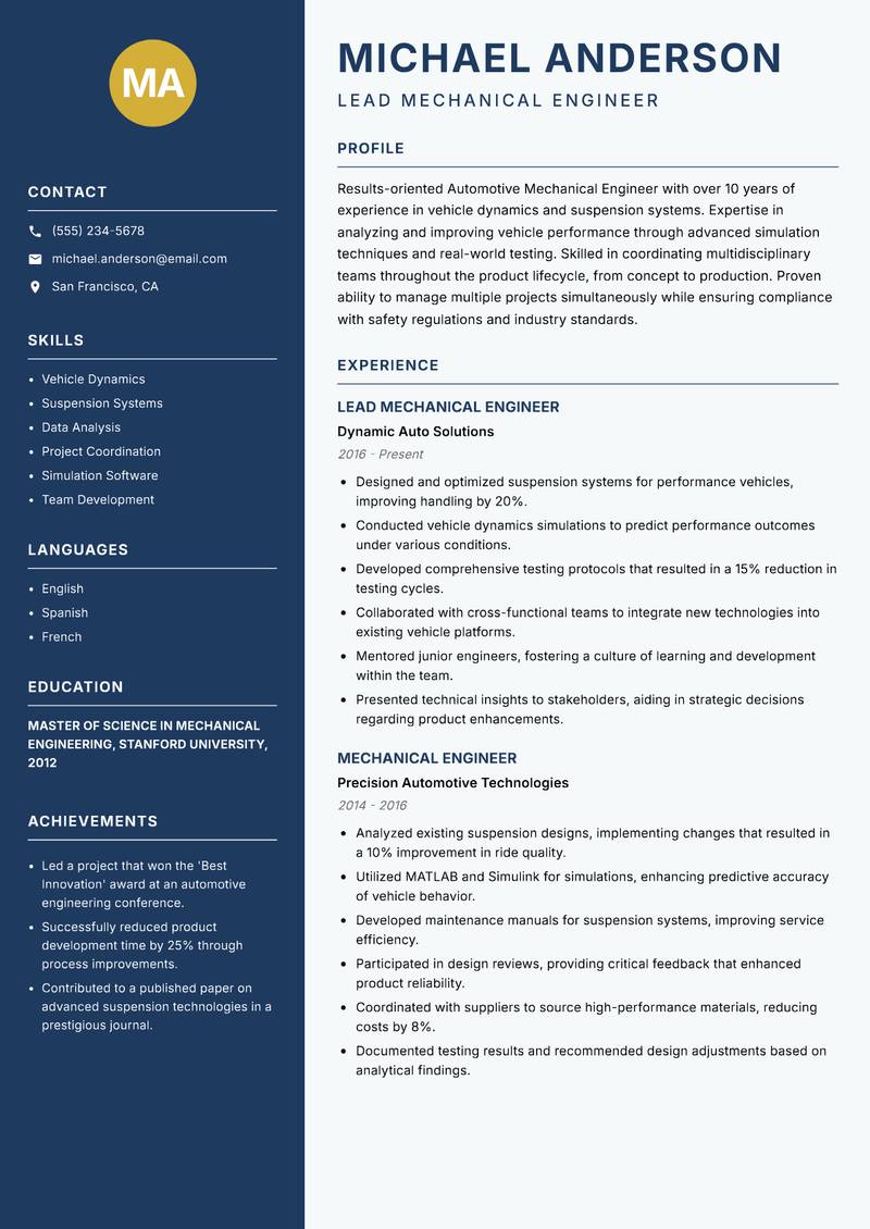 Automotive Mechanical Engineer resume sample — Lead Mechanical Engineer focus