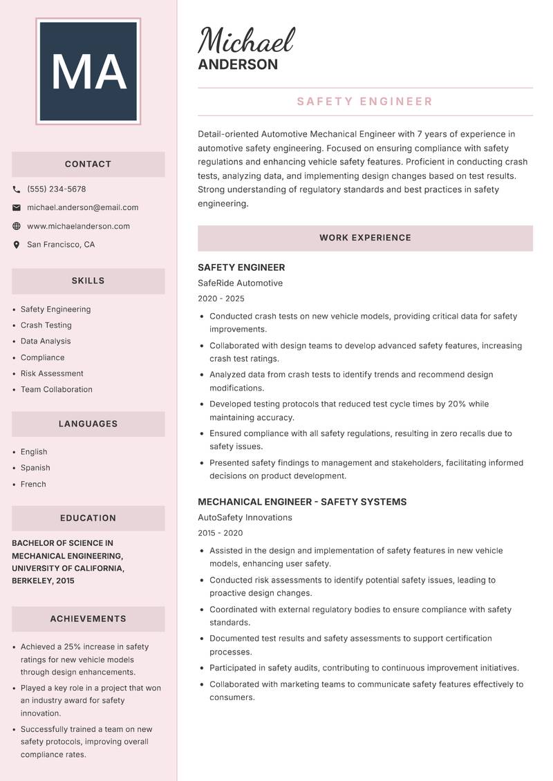 Automotive Mechanical Engineer resume sample — Safety Engineer focus
