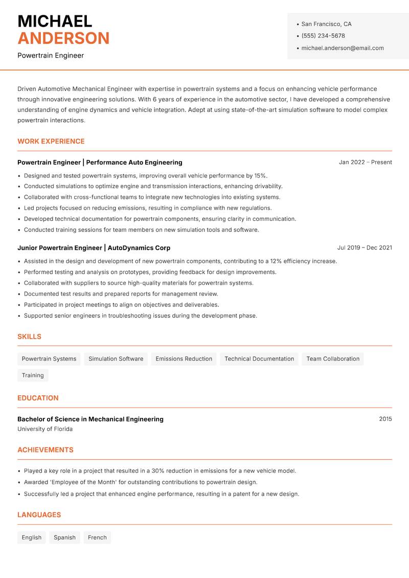 Automotive Mechanical Engineer resume sample — Powertrain Engineer focus