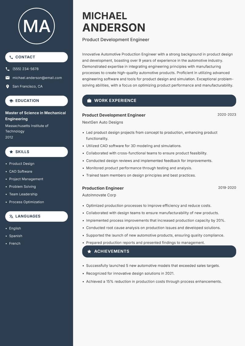 Automotive Production Engineer resume sample — Product Development Engineer focus