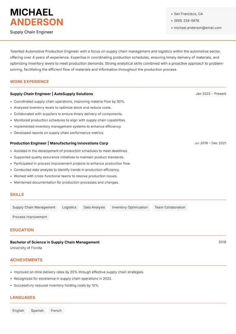 Automotive Production Engineer resume sample — Supply Chain Engineer focus