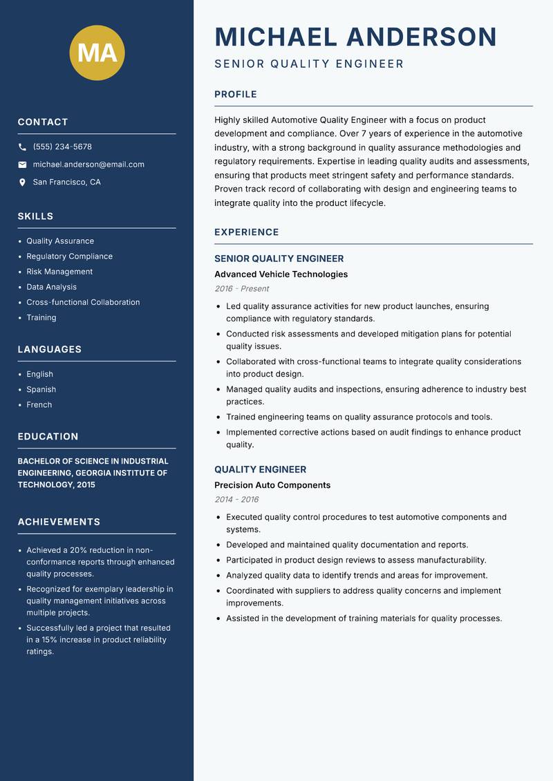 Automotive Quality Engineer resume sample — Senior Quality Engineer focus