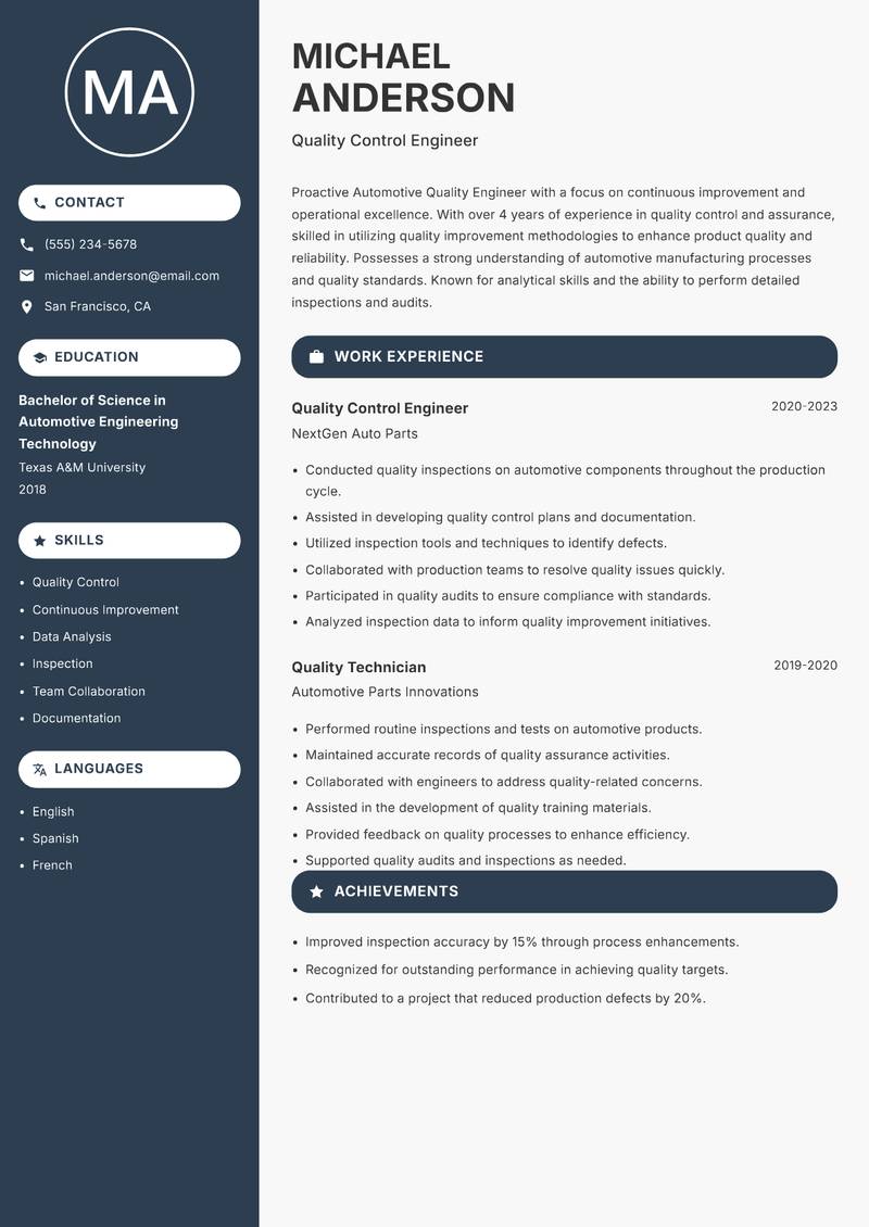 Automotive Quality Engineer resume sample — Quality Control Engineer focus