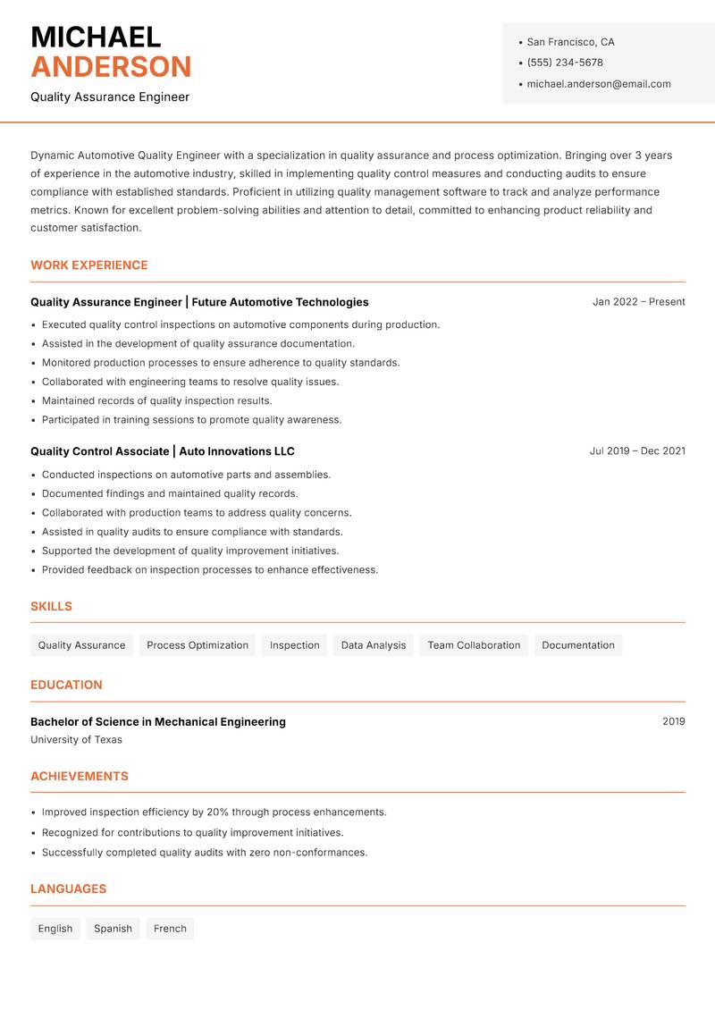 Automotive Quality Engineer resume sample — Quality Assurance Engineer focus