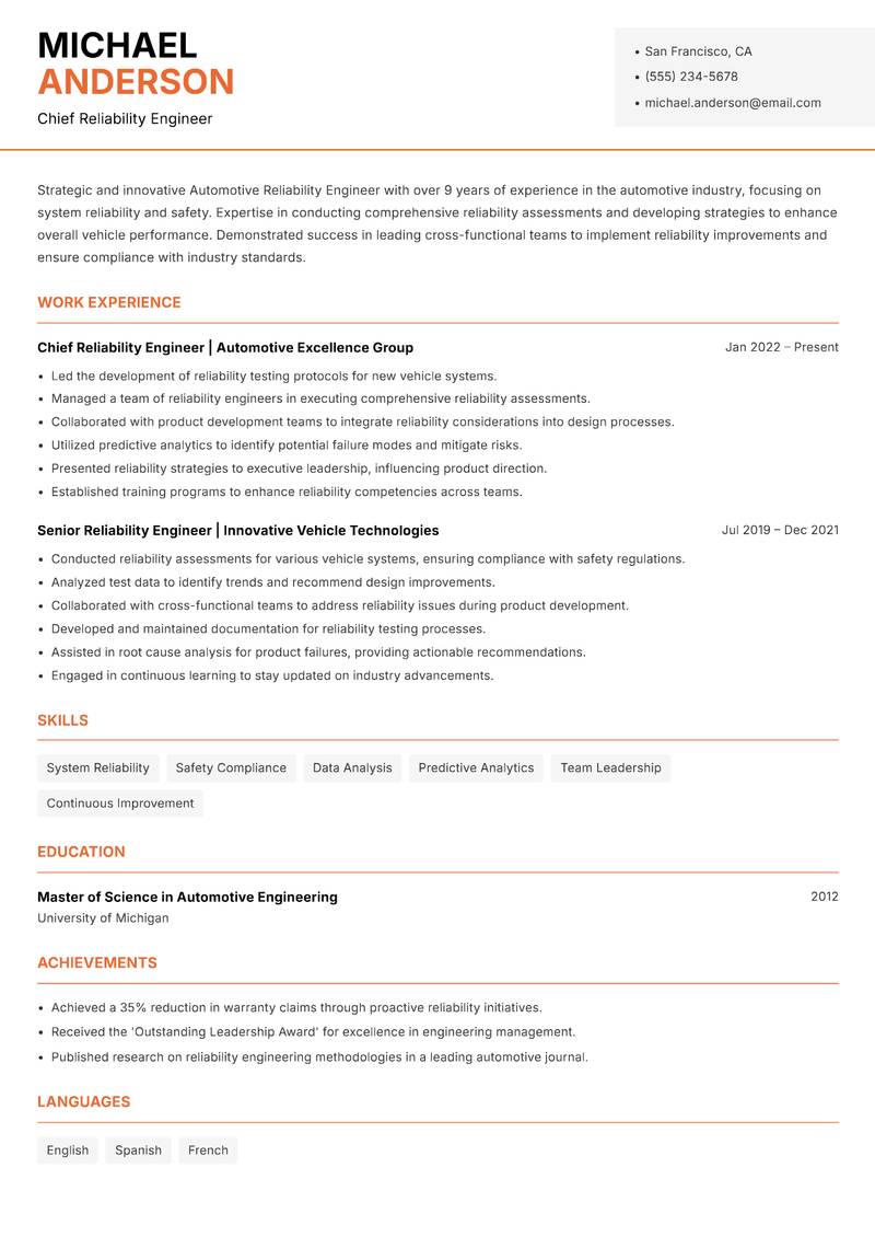 Automotive Reliability Engineer resume sample — Chief Reliability Engineer focus