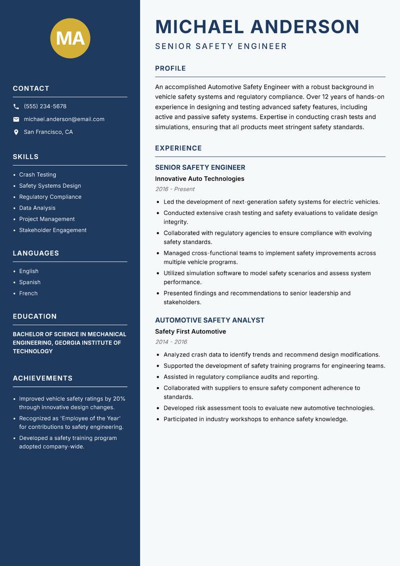 Automotive Safety Engineer resume sample — Senior Safety Engineer focus