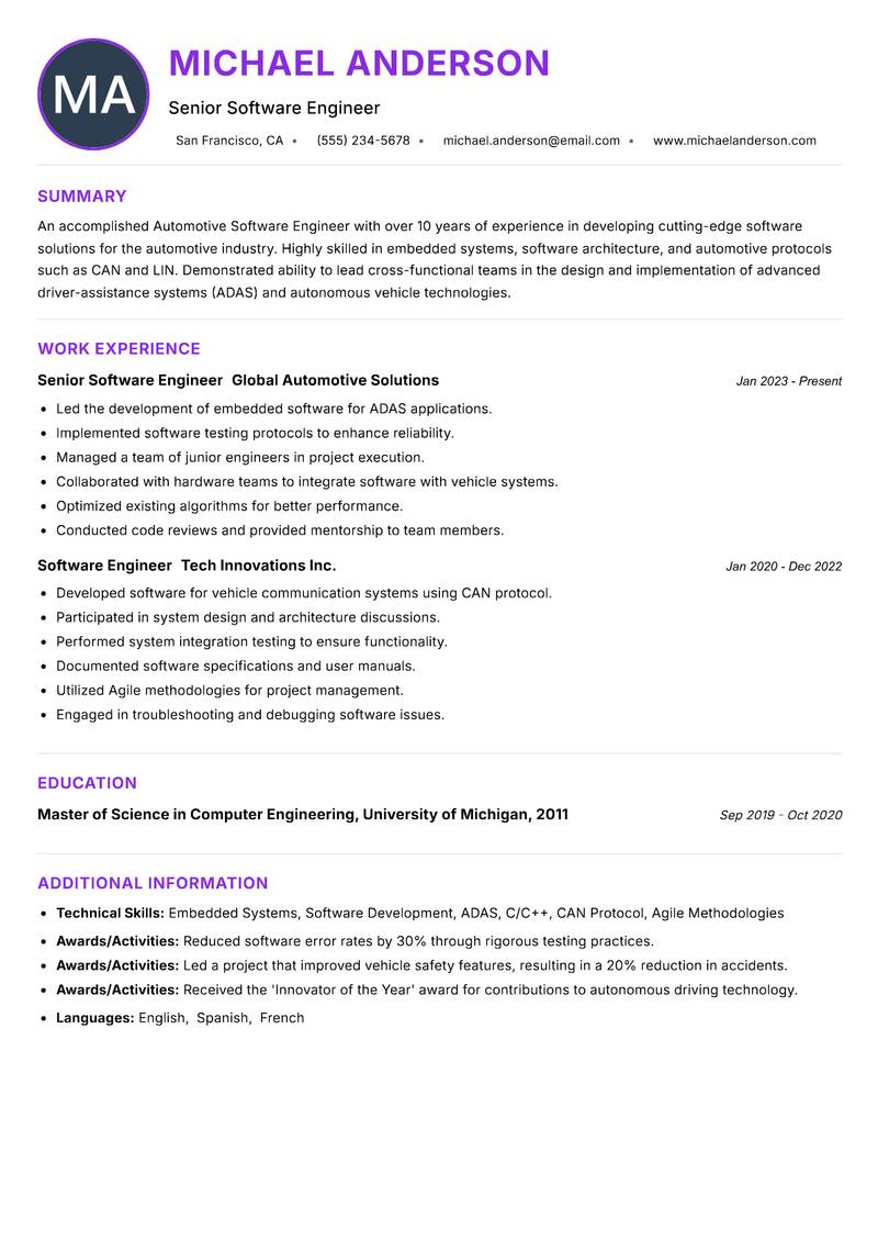 Automotive Software Engineer resume example