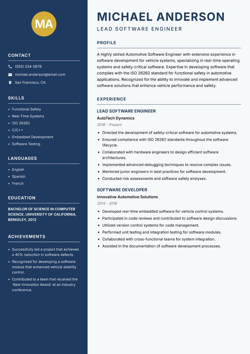 Automotive Software Engineer resume sample — Lead Software Engineer focus