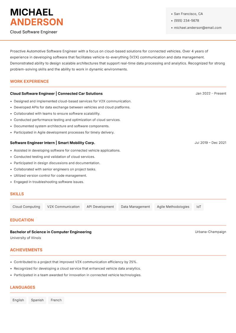 Automotive Software Engineer resume sample — Cloud Software Engineer focus