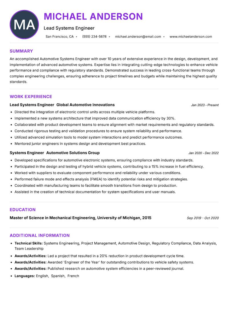 Automotive Systems Engineer resume example