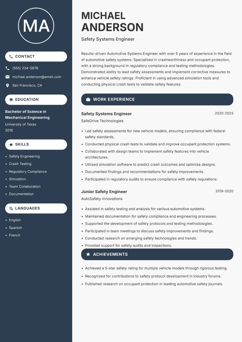 Automotive Systems Engineer resume sample — Safety Systems Engineer focus