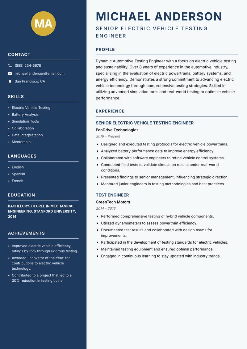 Automotive Testing Engineer resume sample — Senior Electric Vehicle Testing Engineer focus