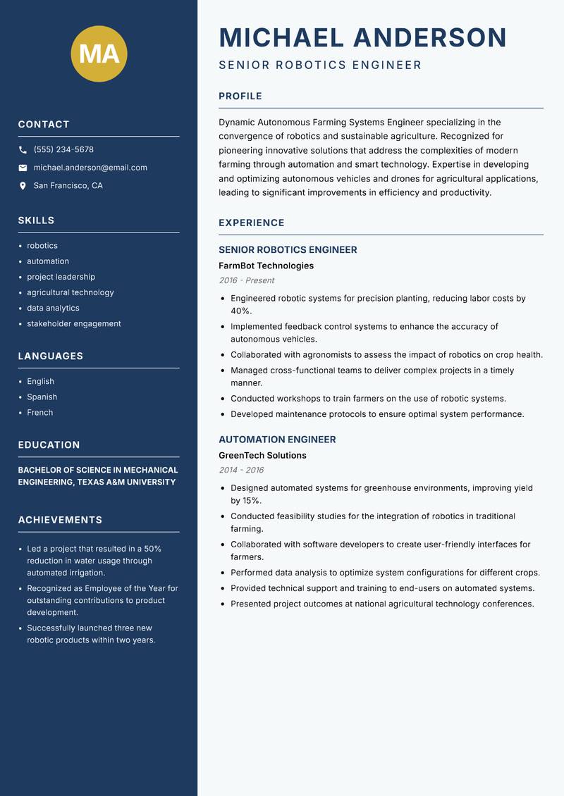 Autonomous Farming Systems Engineer resume sample — Senior Robotics Engineer focus