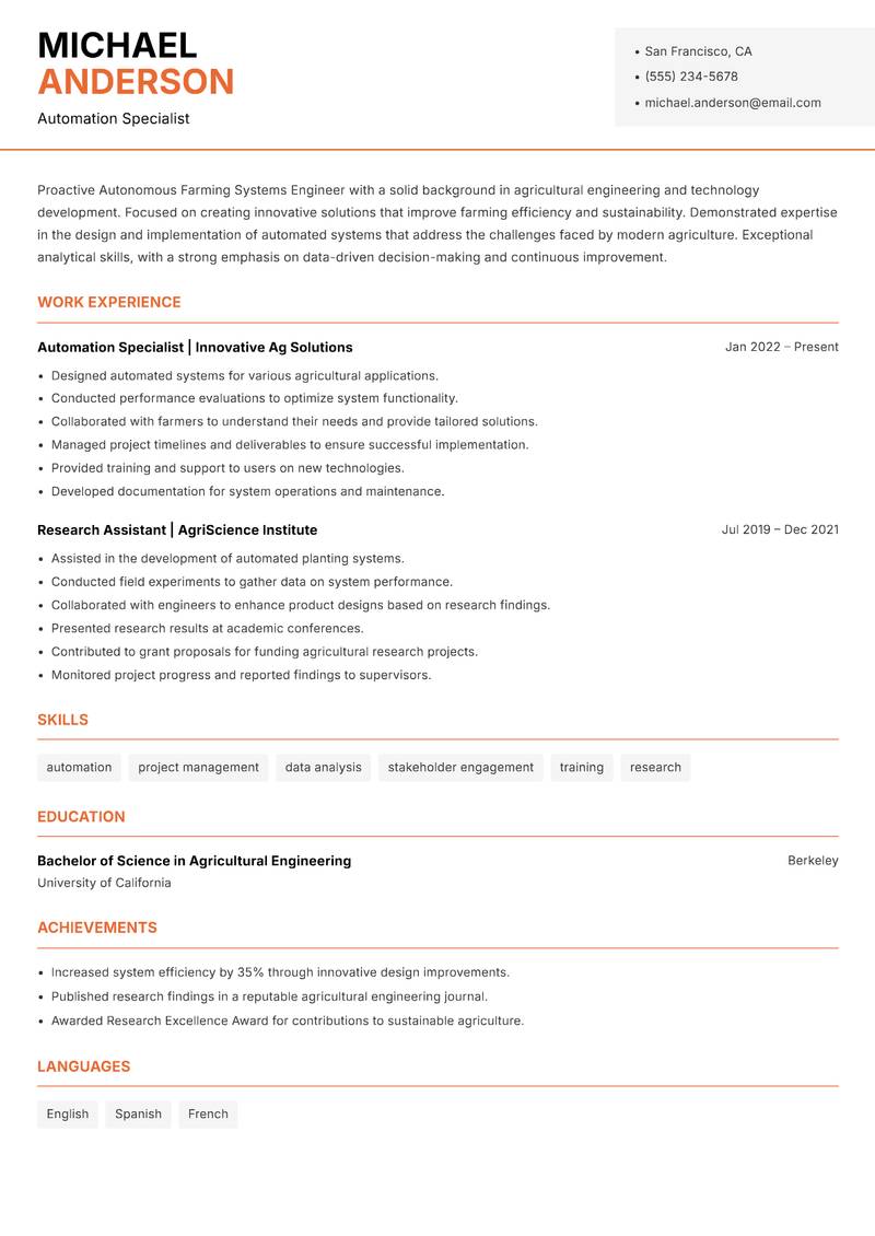 Autonomous Farming Systems Engineer resume sample — Automation Specialist focus