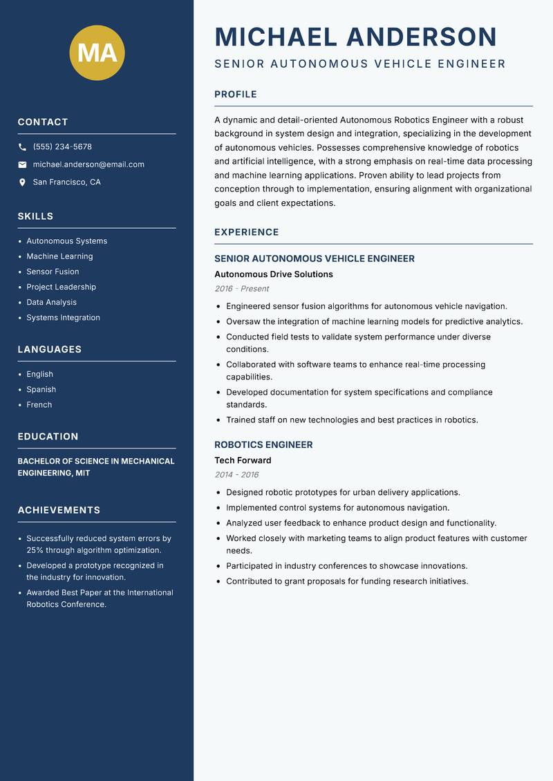 Autonomous Robotics Engineer resume sample — Senior Autonomous Vehicle Engineer focus
