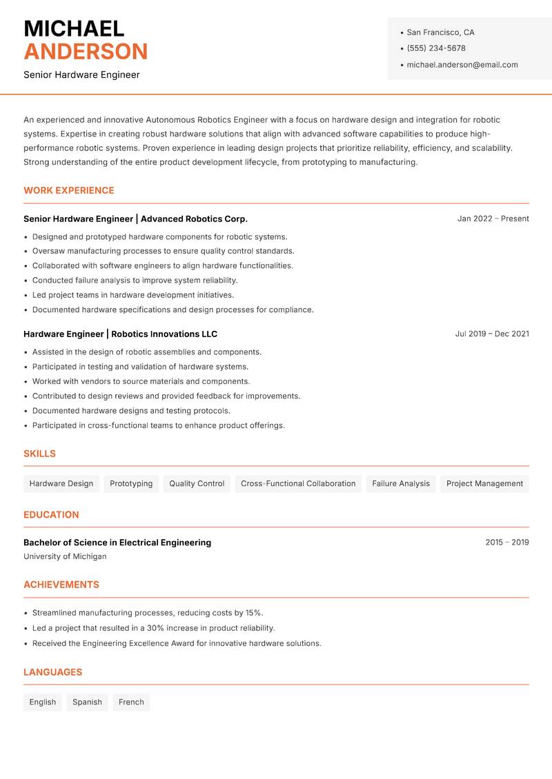 Autonomous Robotics Engineer resume sample — Senior Hardware Engineer focus