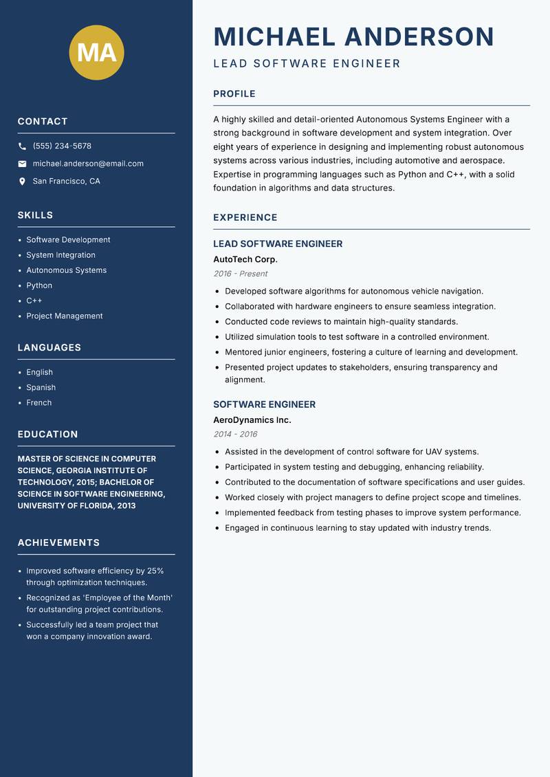 Autonomous Systems Engineer resume sample — Lead Software Engineer focus