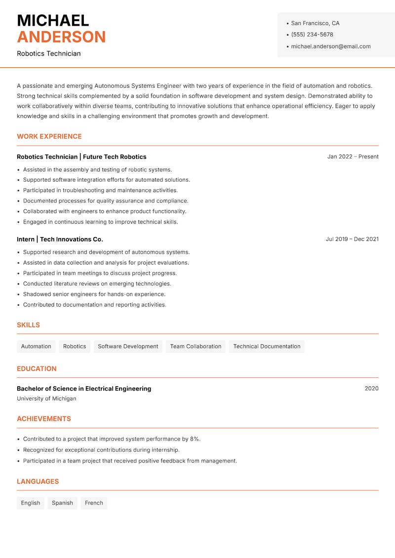 Autonomous Systems Engineer resume sample — Robotics Technician focus