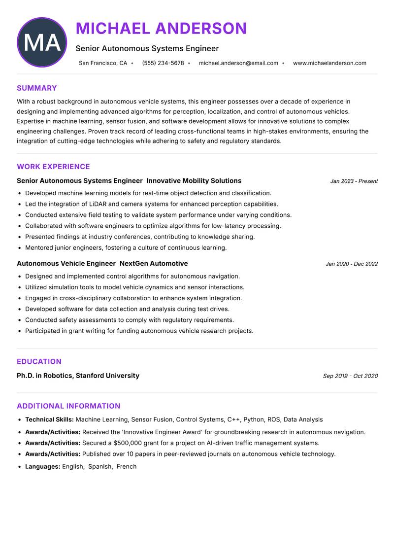 Autonomous Vehicle Engineer resume example