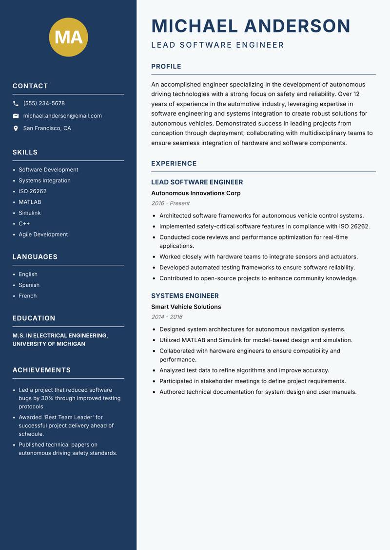 Autonomous Vehicle Engineer resume sample — Lead Software Engineer focus