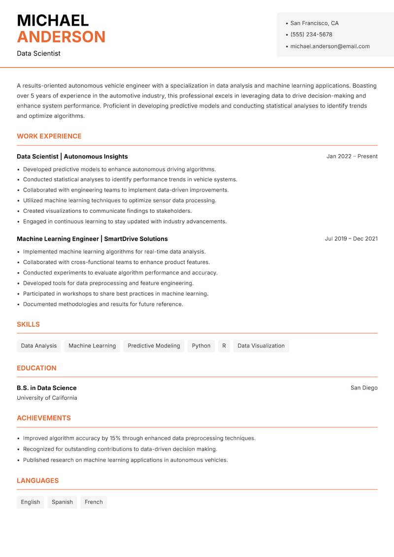 Autonomous Vehicle Engineer resume sample — Data Scientist focus
