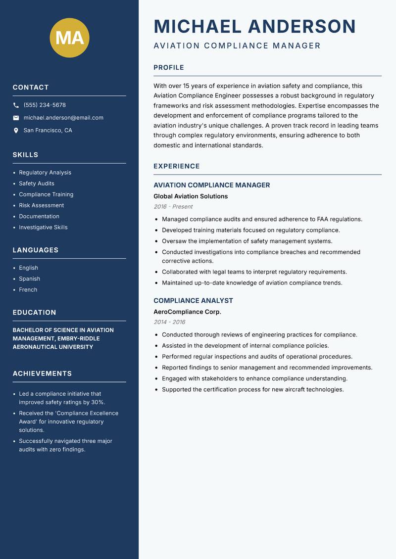 Aviation Compliance Engineer resume sample — Aviation Compliance Manager focus