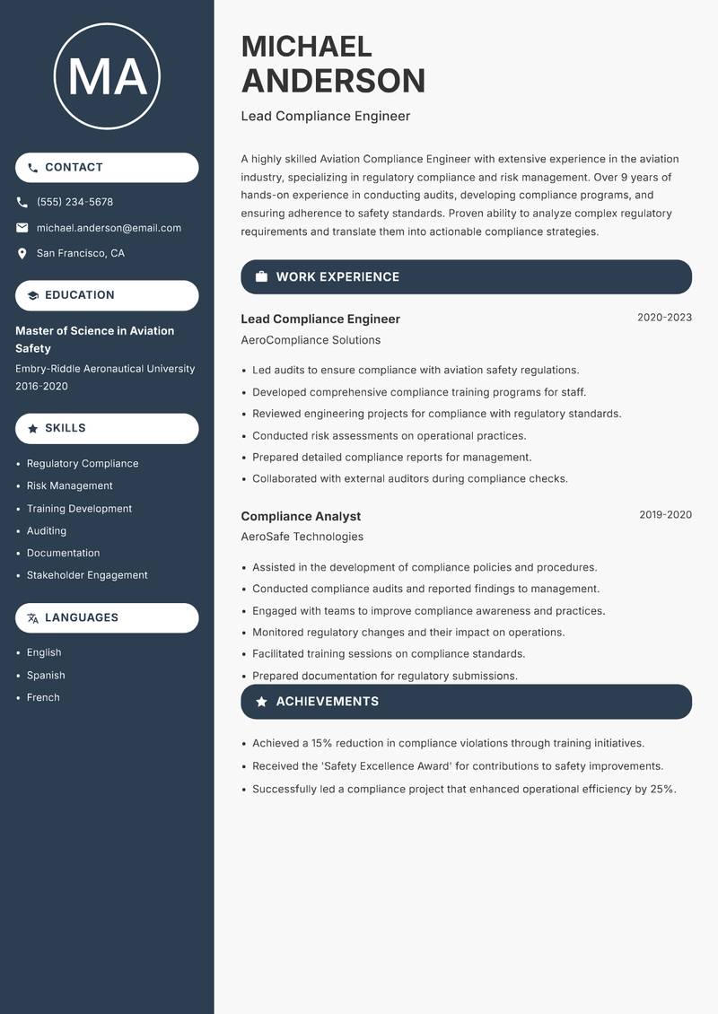 Aviation Compliance Engineer resume sample — Lead Compliance Engineer focus