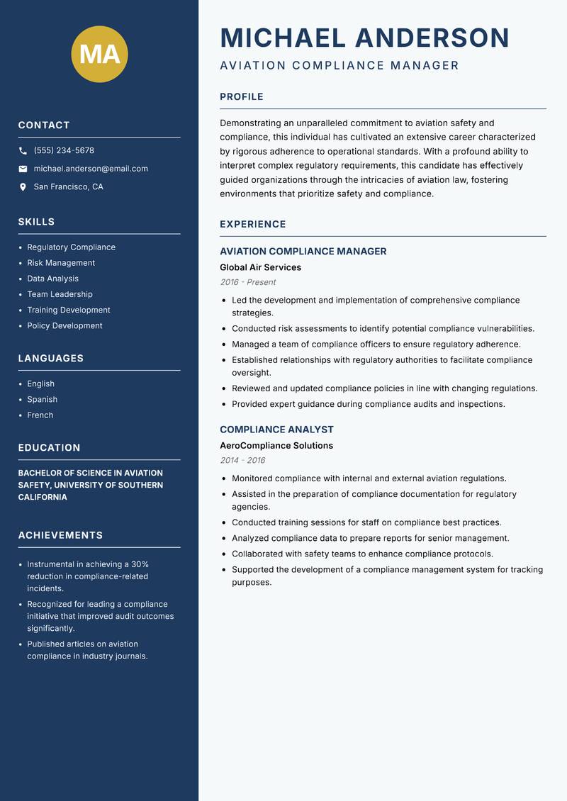 Aviation Compliance Officer resume sample — Aviation Compliance Manager focus