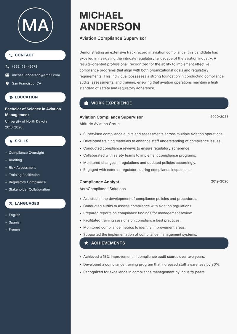 Aviation Compliance Officer resume sample — Aviation Compliance Supervisor focus