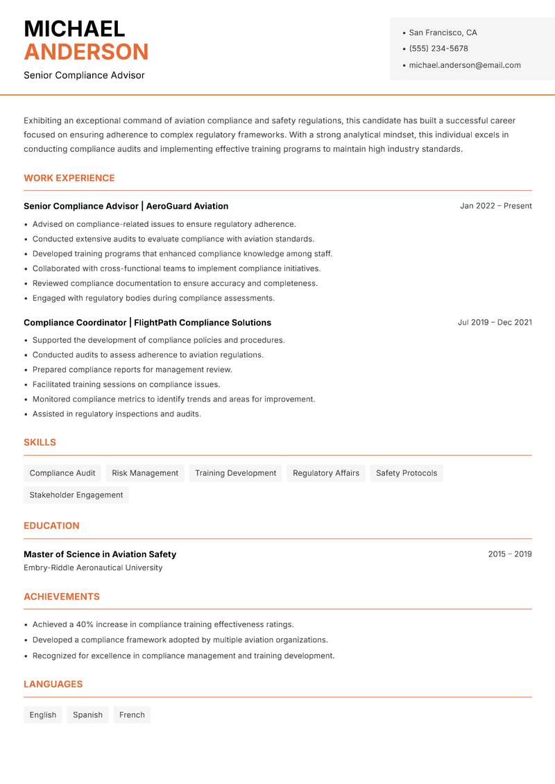 Aviation Compliance Officer resume sample — Senior Compliance Advisor focus