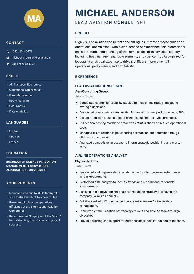 Aviation Consultant resume sample — Lead Aviation Consultant focus
