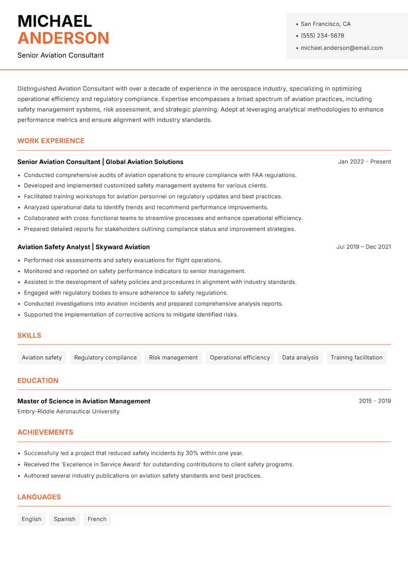Aviation Consultant resume sample — Senior Aviation Consultant focus