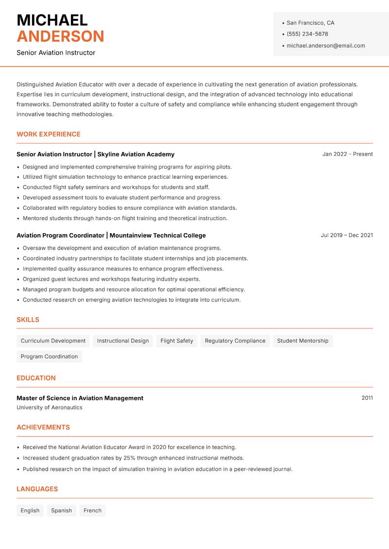 Aviation Educator resume sample — Senior Aviation Instructor focus