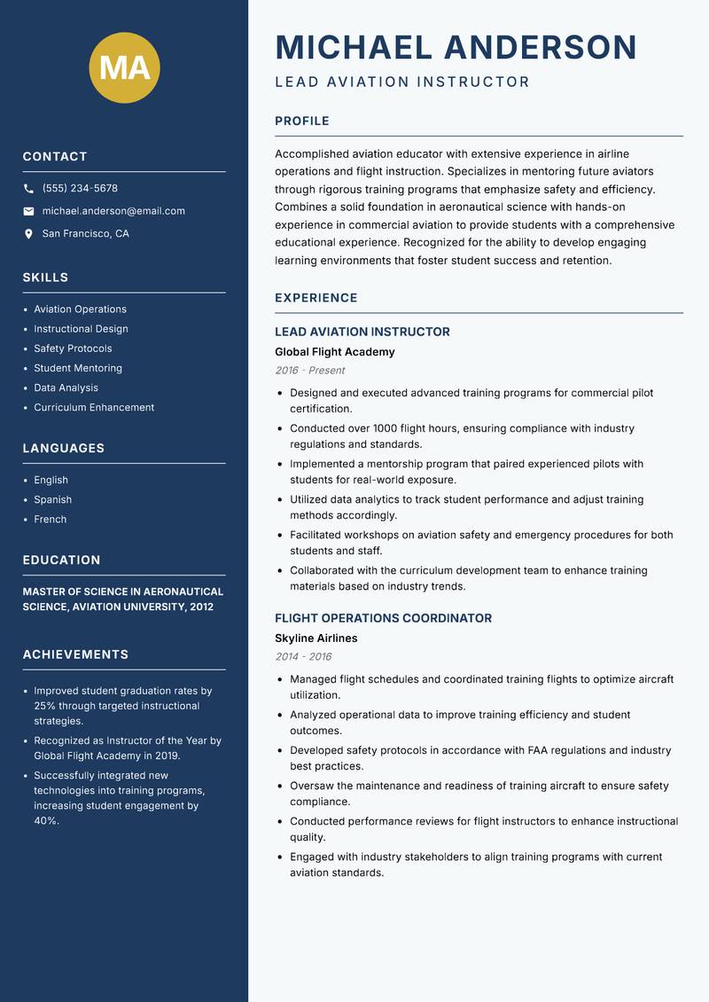 Aviation Instructor resume sample — Lead Aviation Instructor focus