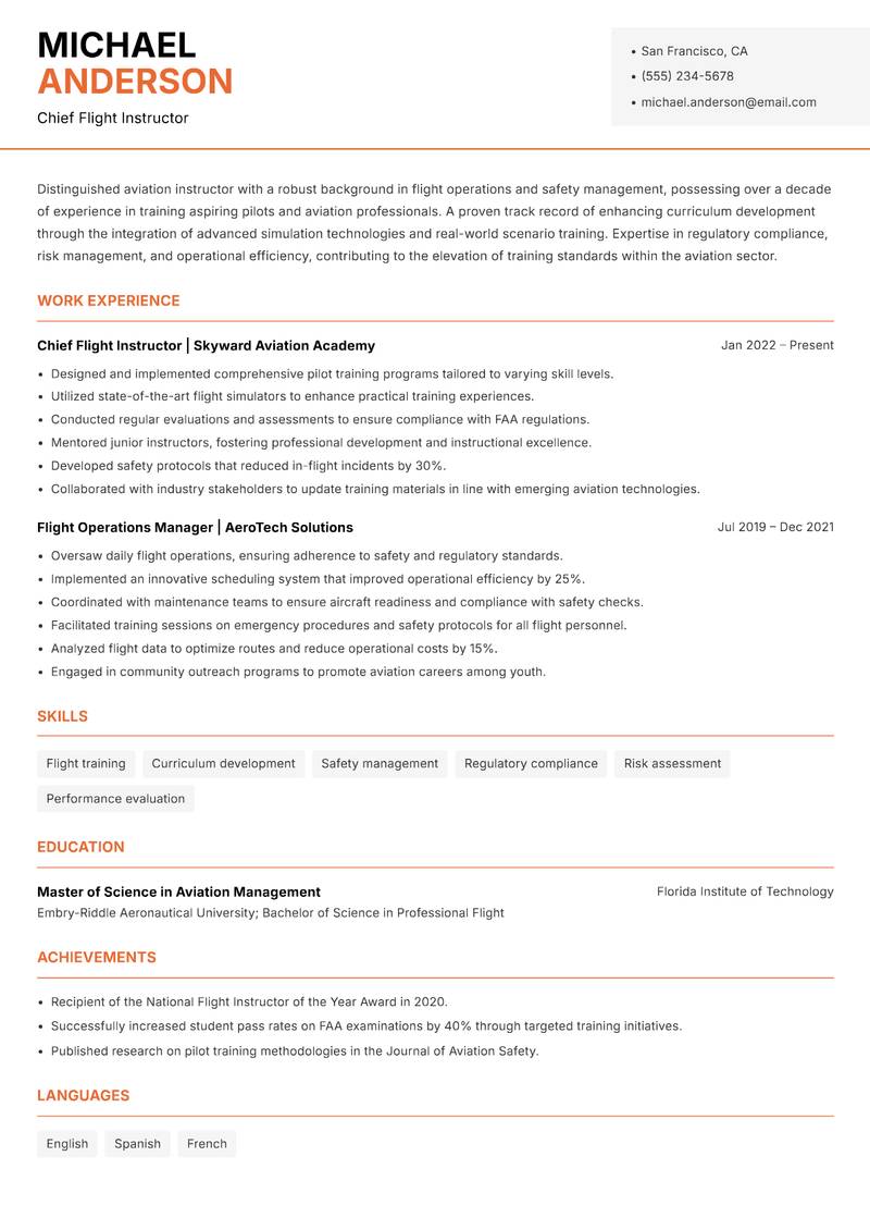 Aviation Instructor resume sample — Chief Flight Instructor focus