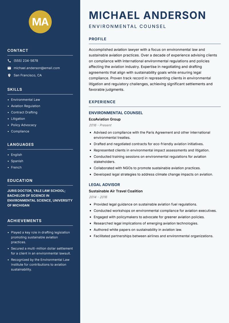 Aviation Lawyer resume sample — Environmental Counsel focus