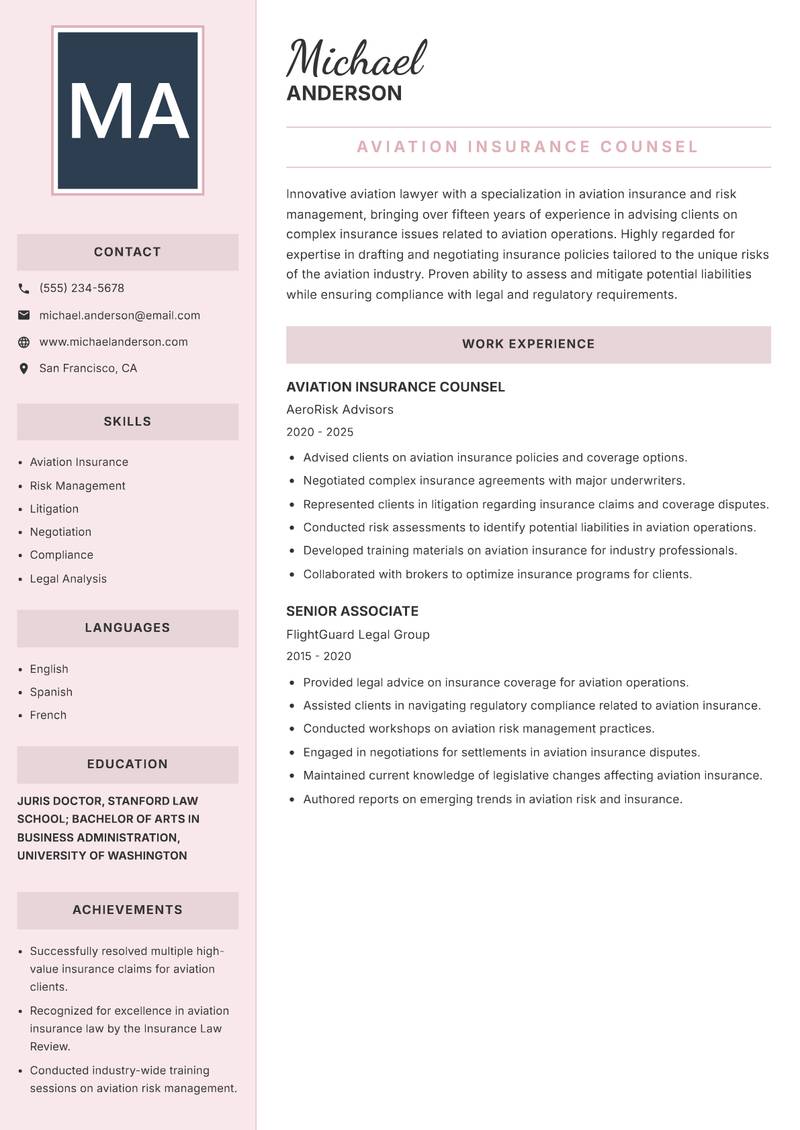 Aviation Lawyer resume sample — Aviation Insurance Counsel focus
